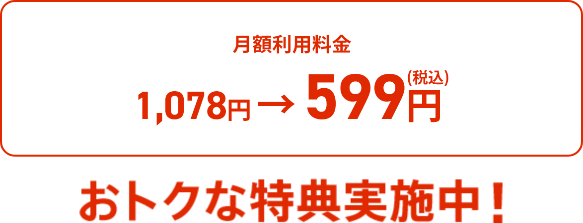 月額利用料金 1,078円→599円(税込) おトクな特典実施中！