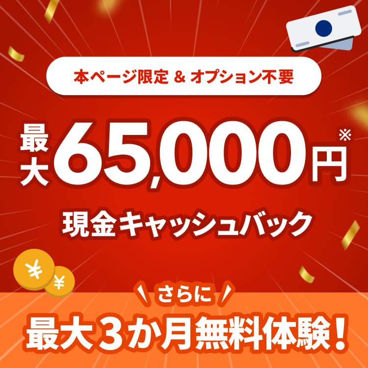 本ページ限定＆オプション不要 最大65,000円現金キャッシュバック さらに最大3か月無料体験！