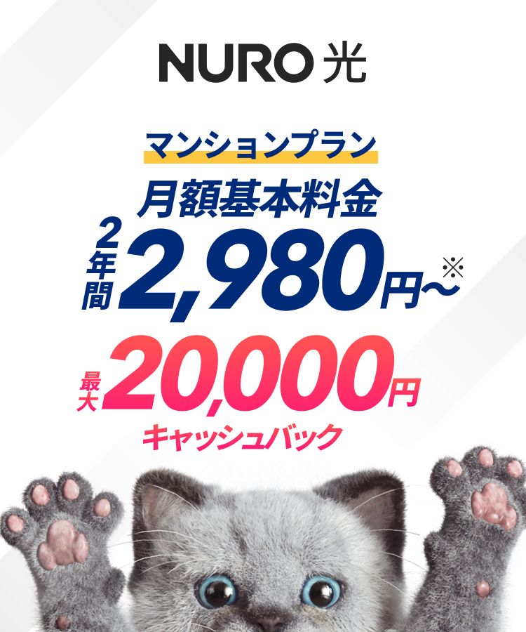 NURO 光　マンションプラン　2年間月額2,980円～ 　さらに今なら最大20,000円キャッシュバック