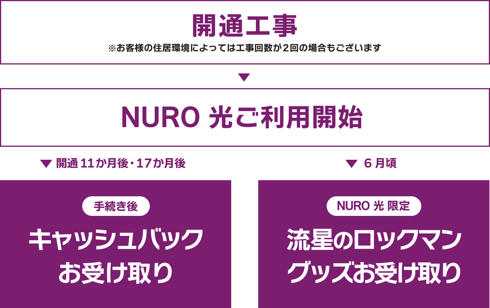 開通工事※お客様の住居環境によっては工事回数が2回の場合もございます → NURO 光ご利用開始 → 開通11か月後・17か月後 手続き後 キャッシュバックお受け取り → 6月頃 NURO 光限定 流星のロックマングッズお受け取り