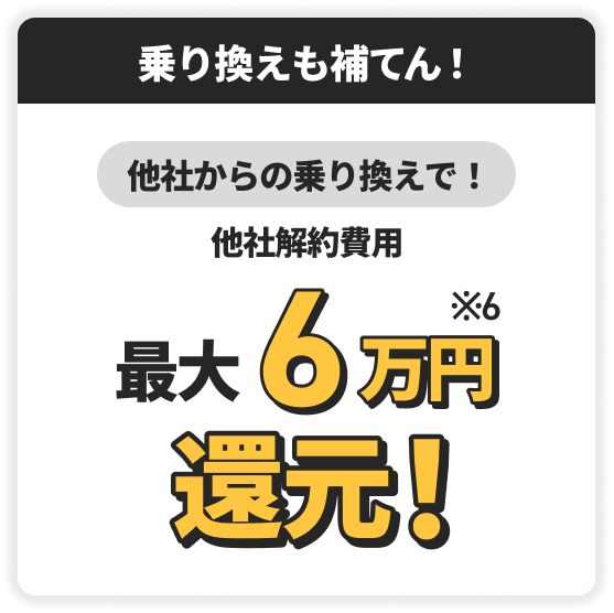乗り換えも安心！他社からの乗り換えで他社解約費用最大6万円還元！