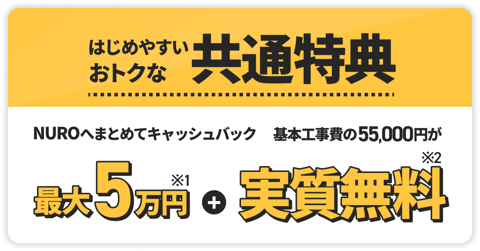 NUROへまとめてキャッシュバック最大5万円プラス基本工事費の55,000円が実質無料