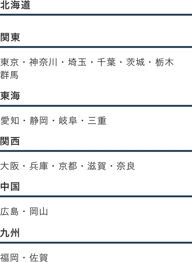 関東エリア 東京、神奈川、埼玉、千葉、茨城、栃木、群馬 東海エリア 愛知、静岡、岐阜、三重 関西エリア 大阪、兵庫、京都、滋賀、奈良 中国エリア 広島、岡山 九州エリア 福岡、佐賀
