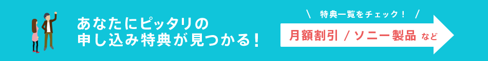 あなたにピッタリの申し込み特典が見つかる！ 特典一覧をチェック！ 月額割引/ソニー製品など