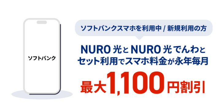 NURO 光とNURO 光でんわとセット利用でスマホ料金が永年毎月最大1,100円割引