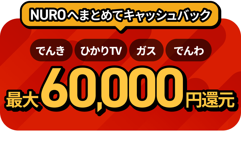 NUROへまとめてキャッシュバック でんき ひかりTV ガス でんわ 最大60,000円還元　モーダルを開く