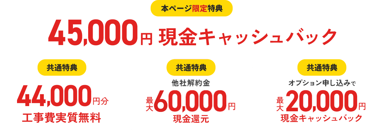 本ページ限定特典：45,000円 現金キャッシュバック、共通特典：44,000円分 工事費実質無料、共通特典：他社解約金最大60,000円現金還元、共通特典：オプション申し込みで最大20,000円現金キャッシュバック