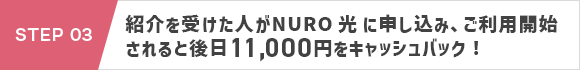 STEP 03：紹介を受けた人がNURO 光 に申し込み、ご利用開始されると後日11,000円をキャッシュバック！
