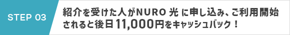 STEP 03：紹介を受けた人がNURO 光 に申し込み、ご利用開始されると後日11,000円をキャッシュバック！