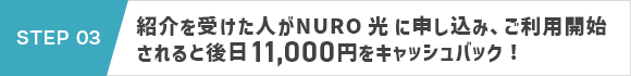 STEP 03：紹介を受けた人がNURO 光 に申し込み、ご利用開始されると後日10,000円をキャッシュバック！