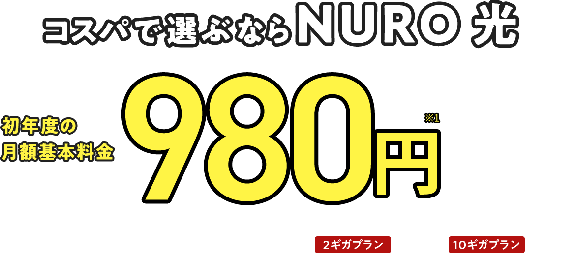 コスパで選ぶなら NURO 光 初年度の月額基本料金980円※1 2年目以降 2ギガプラン 5,200円 10ギガプラン 5,700円