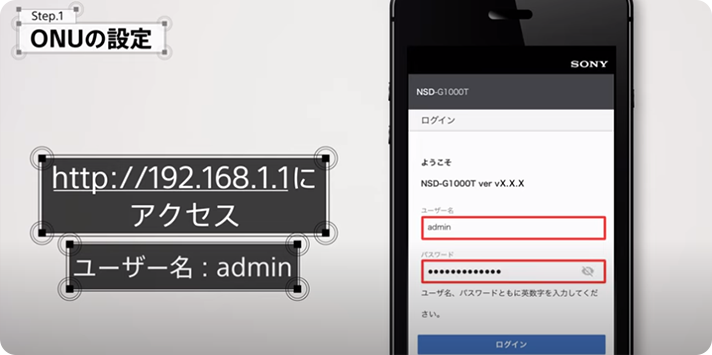 Step.1 ONUの設定 Http://192.168.1.1にアクセス　ユーザー名：admin