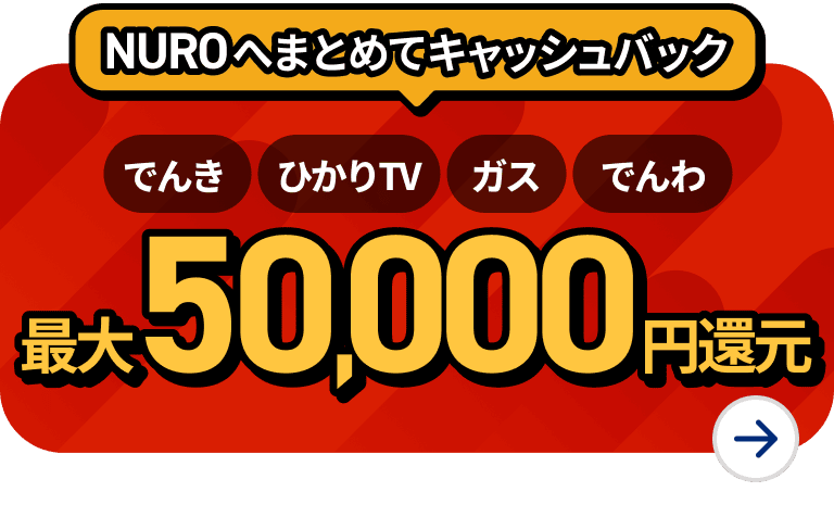 NUROへまとめてキャッシュバック でんき ひかりTV ガス でんわ 最大50,000円還元 リンクを開く