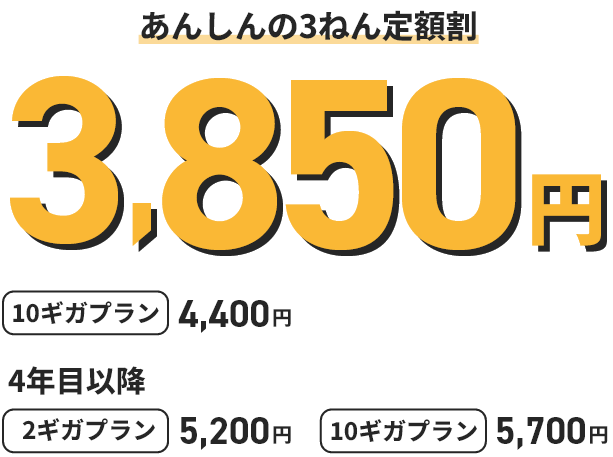 初年度の月額基本料金980円　2年目以降は2ギガプラン：5,200円、10ギガプラン：5,700円