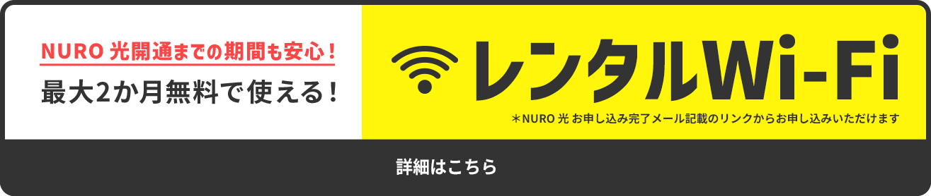NURO光開通までの期間も安心！ 最大2か月無料で使える！ レンタルWi-Fi ＊NURO 光 お申し込み完了メール記載の リンクからお申し込みいただけます 詳細はこちら