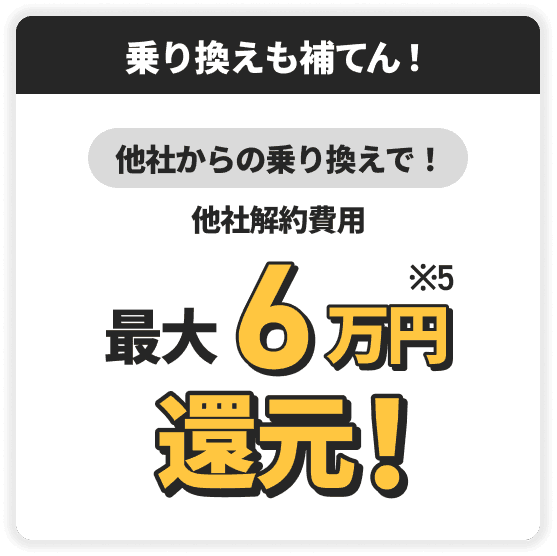 乗り換えも安心！他社からの乗り換えで他社解約費用最大6万円還元！