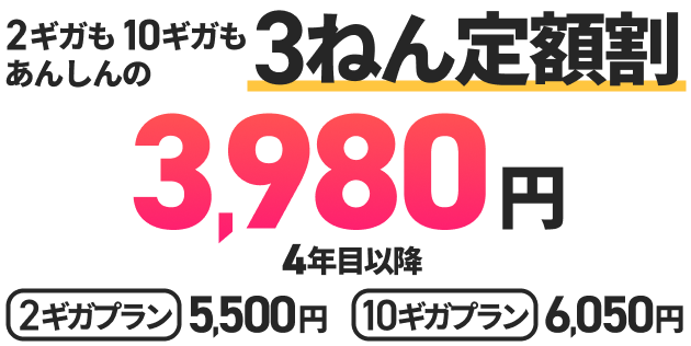 2ギガも10ギガもあんしんの3ねん定額割3,980円 4年目以降 2ギガプラン5,500円 10ギガプラン6,050円