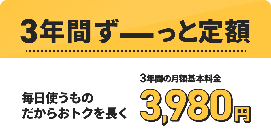 3年間ずーっと定額 毎日使うものだからおトクを長く 3年間の月額基本料金 3,980円