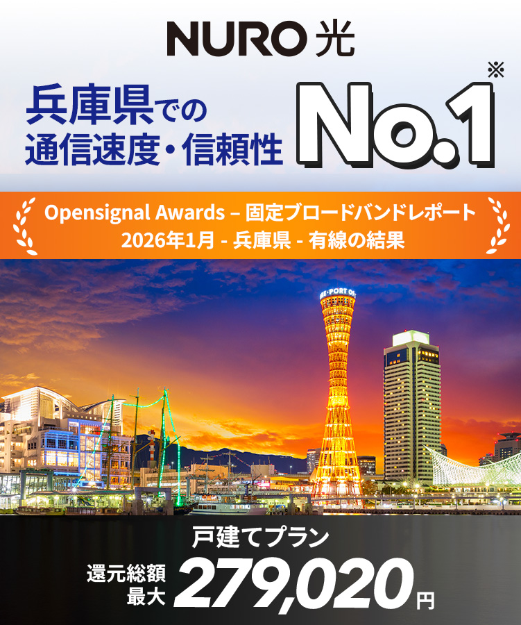 NURO 光 兵庫県での通信速度・信頼性No.1　Opensignal Award-固定ブロードバンドレポート　2026年1月-兵庫県-優先の結果　戸建てプラン還元総額最大279,020円