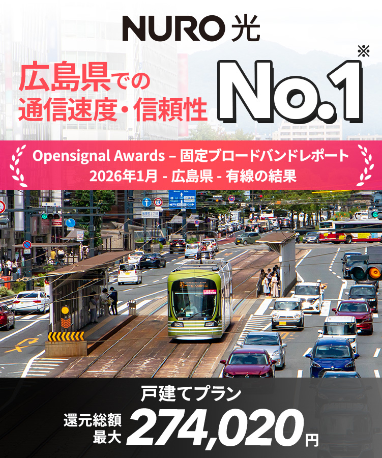 NURO 光 広島県での通信速度・信頼性No.1　Opensignal Award-固定ブロードバンドレポート　2026年1月-広島県-優先の結果　戸建てプラン還元総額最大274,020円
