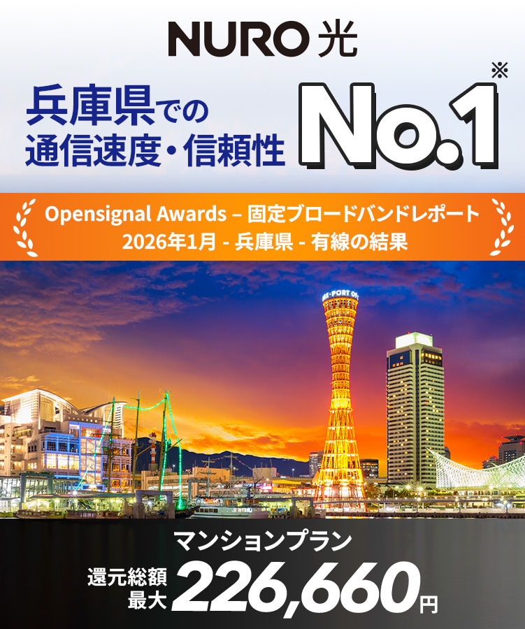 NURO 光 兵庫県での通信速度・信頼性No.1　Opensignal Award-固定ブロードバンドレポート　2026年1月-兵庫県-優先の結果　マンションプラン還元総額最大226,660円