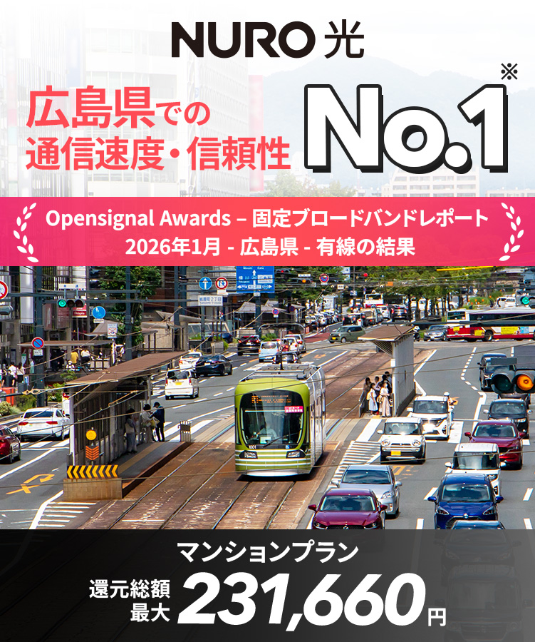 NURO 光 広島県での通信速度・信頼性No.1　Opensignal Award-固定ブロードバンドレポート　2026年1月-広島県-優先の結果　マンションプラン還元総額最大231,660円