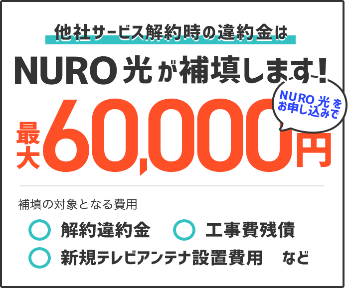 他社サービス解約時の違約金はNURO 光が補填します！NURO 光をお申し込みで最大60,000円