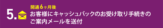 5.開通6ヶ月後 お客様にキャッシュバックのお受け取り手続きの ご案内メールを送付