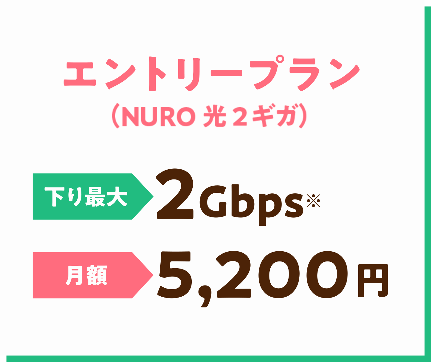 エントリープラン(NURO 光 2ギガ) 下り最大 2Gbps＊ 月額 5,200円