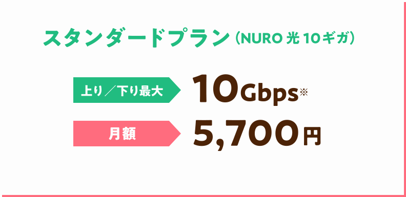 スタンダードプラン (NURO 光 10ギガ) 上り/下り最大10Gbps 月額 5,700円