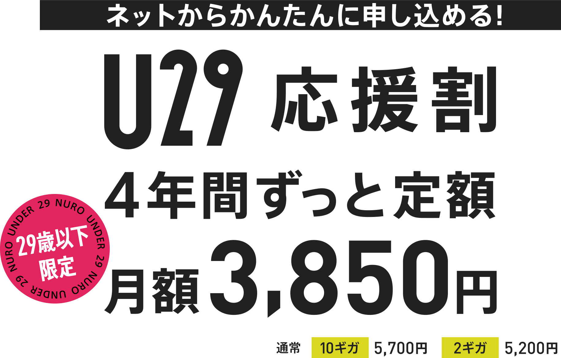 ネットからかんたんに申し込める！ U29 応援割 4年間ずっと定額 29歳以下限定 月額3,850円 通常 10ギガ 5,700円 2ギガ 5,200円