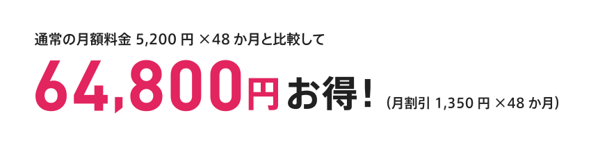 通常の月額料金 5,200円×48か月と比較して 64,800円 お得！ （月割引 1,350円×48か月）