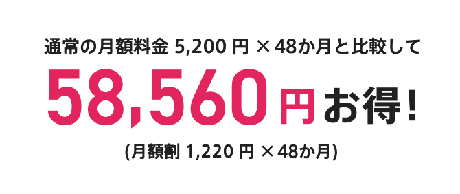 通常の月額料金 5,200円×48か月と比較して 58,560円 お得！ （月割引 1,220円×48か月）