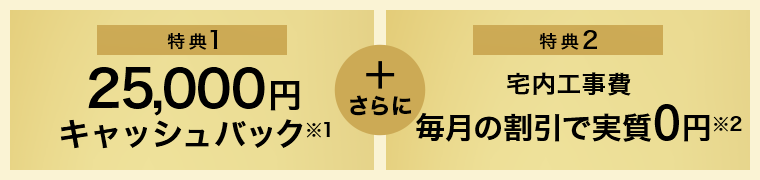 特典1、25,000円キャッシュバック※1。特典2、宅内工事費毎月割引で実質0円※2。