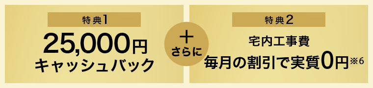 特典1、25,000円キャッシュバック。特典2、宅内工事費毎月割引で実質0円※6。