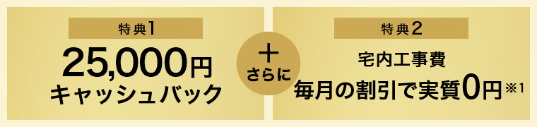 特典1、25,000円キャッシュバック。特典2、宅内工事費毎月割引で実質0円※1