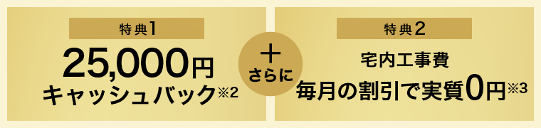 特典1、25,000円キャッシュバック※2。特典2、宅内工事費毎月割引で実質0円※3。