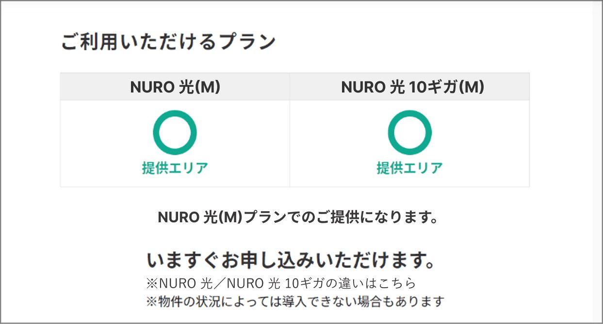 住所入力後に表示される、ご利用いただけるプランの確認画面
