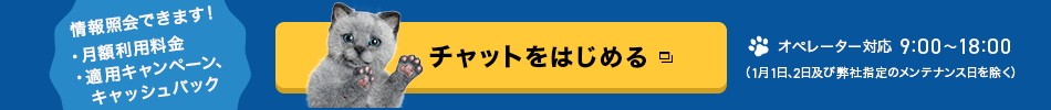 チャットをはじめる オペレーター対応9:00～18:00(1月1日、2日及び弊社メンテナンス日を除く) 情報照会できます！ ・月額利用料金・適用キャンペーン、キャッシュバック